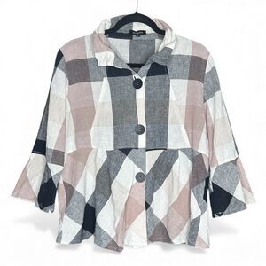 Women's Multi-Color Plaid 3/4 Length Sleeve Farmhouse Flowy Peplum Shirt